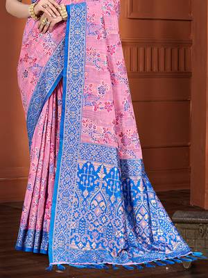 pink cottan silk blend with meena woven work traditional saree 3