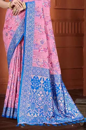 pink cottan silk blend with meena woven work traditional saree