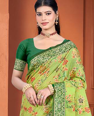 green cottan silk blend with meena woven work traditional saree 2