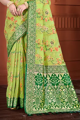 green cottan silk blend with meena woven work traditional saree