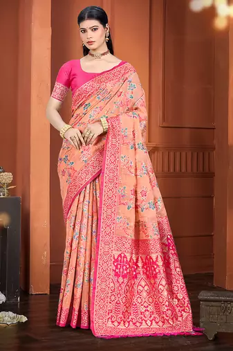 peach cottan silk blend with meena woven work traditional saree