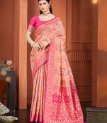 peach cottan silk blend with meena woven work traditional saree