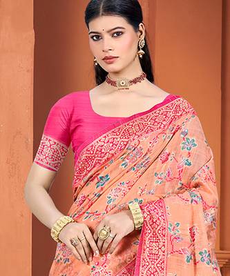 peach cottan silk blend with meena woven work traditional saree 2