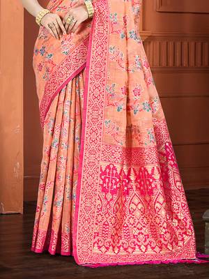 peach cottan silk blend with meena woven work traditional saree 3