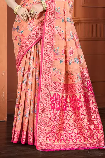 peach cottan silk blend with meena woven work traditional saree