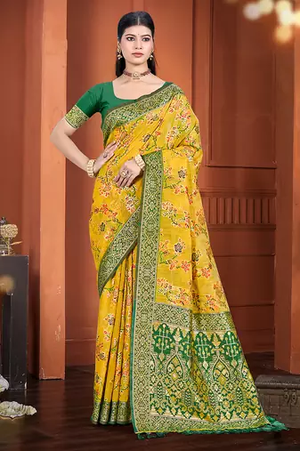 yellow cottan silk blend with meena woven work traditional saree