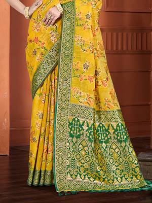 yellow cottan silk blend with meena woven work traditional saree 3