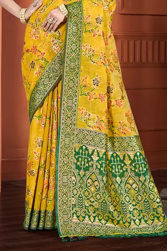 yellow cottan silk blend with meena woven work traditional saree