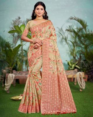 beige cottan silk blend with meena woven work traditional saree 1