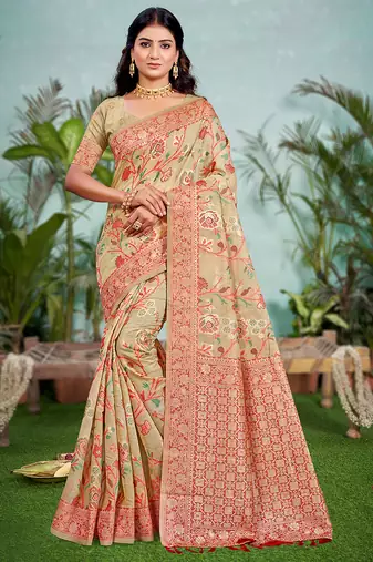 beige cottan silk blend with meena woven work traditional saree