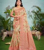beige cottan silk blend with meena woven work traditional saree