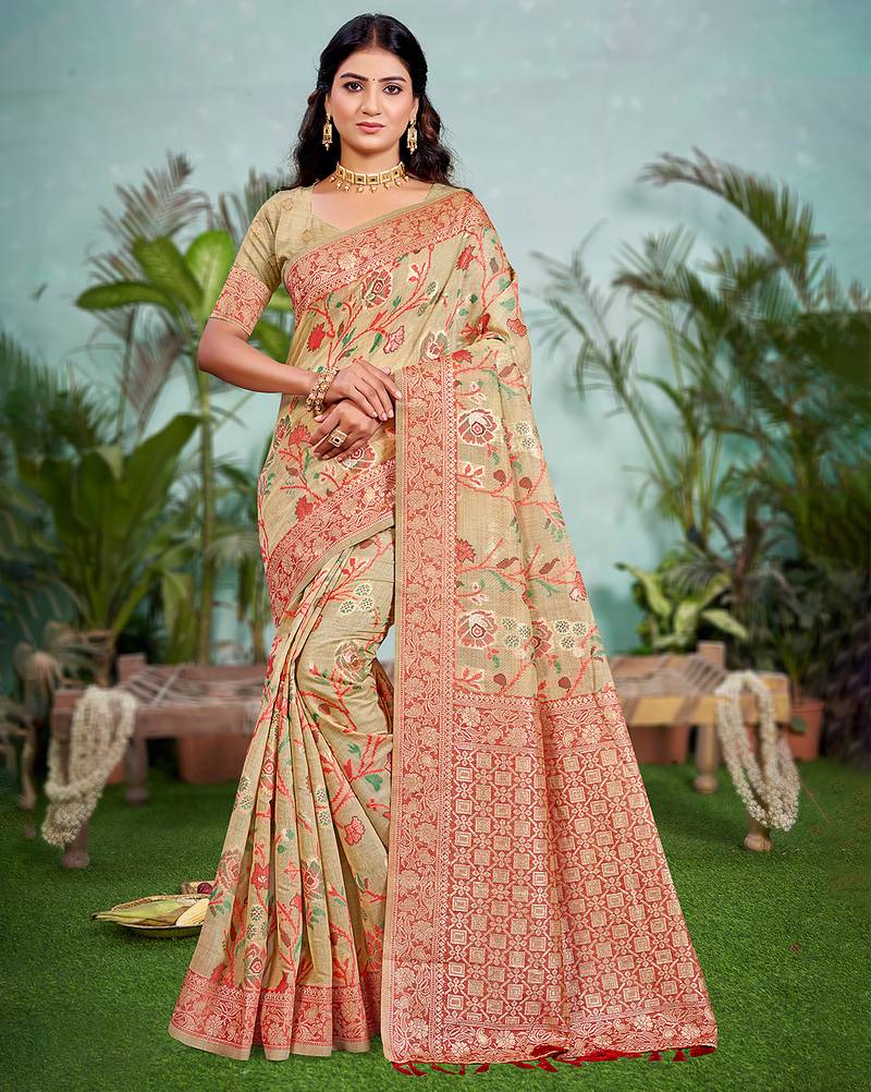 beige cottan silk blend with meena woven work traditional saree