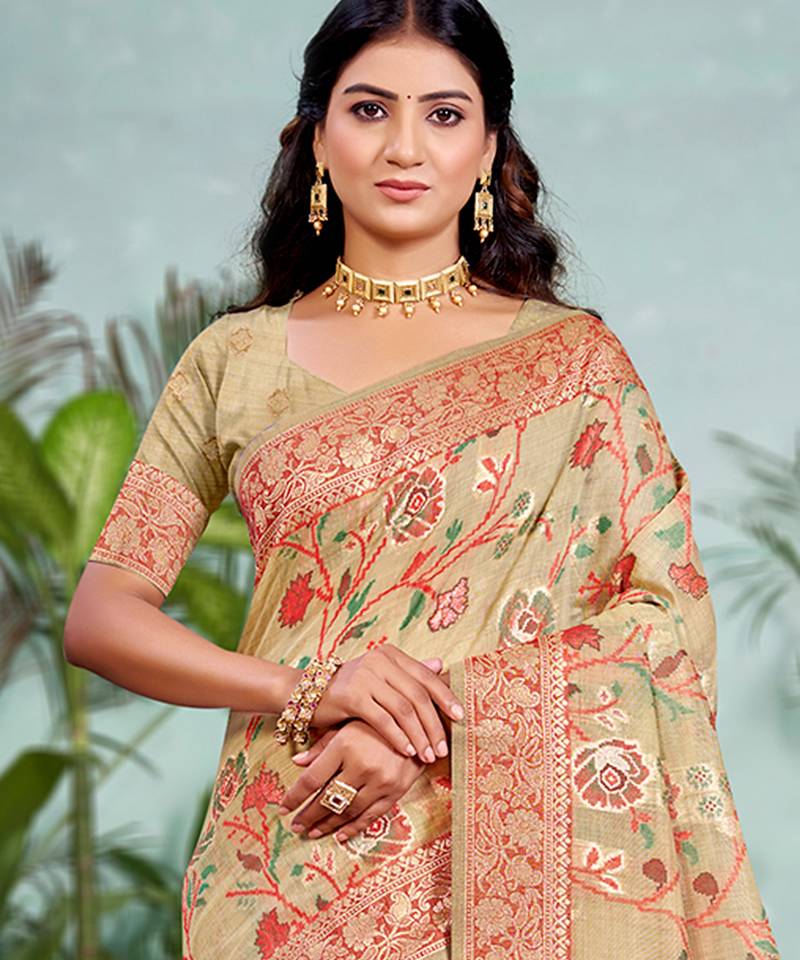 beige cottan silk blend with meena woven work traditional saree
