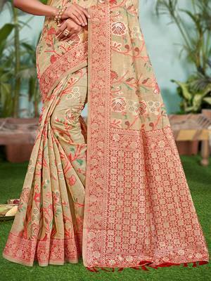 beige cottan silk blend with meena woven work traditional saree 3