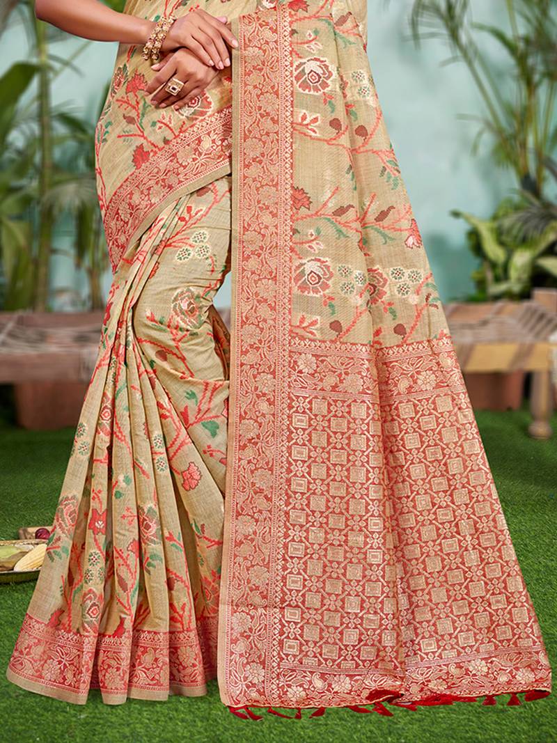 beige cottan silk blend with meena woven work traditional saree