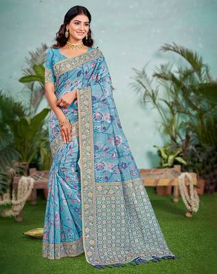sky blue   cottan silk blend with meena woven work traditional saree 1