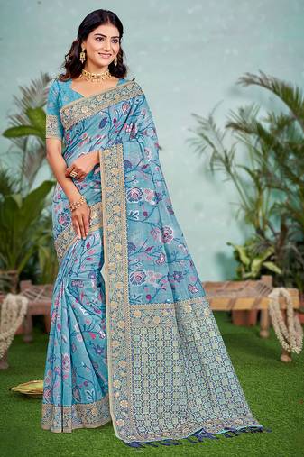 sky blue   cottan silk blend with meena woven work traditional saree