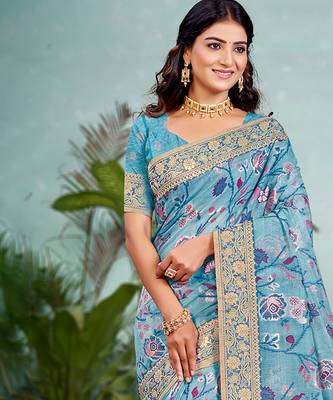 sky blue   cottan silk blend with meena woven work traditional saree 2