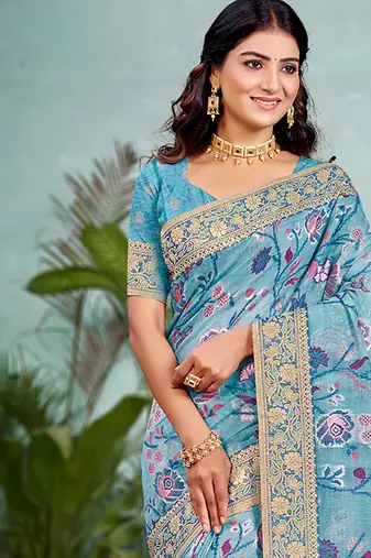 sky blue   cottan silk blend with meena woven work traditional saree