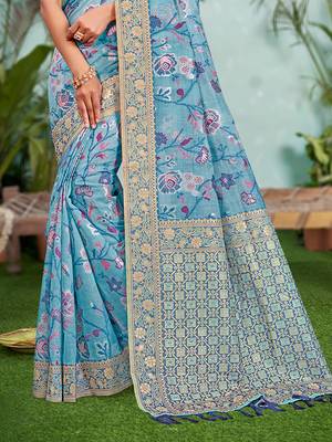 sky blue   cottan silk blend with meena woven work traditional saree 3