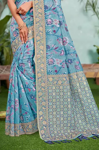sky blue   cottan silk blend with meena woven work traditional saree