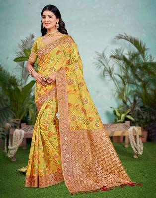 yellow cottan silk blend with meena woven work traditional saree 1