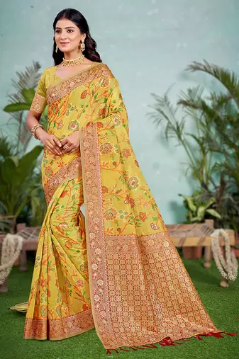 yellow cottan silk blend with meena woven work traditional saree