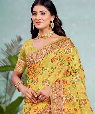 yellow cottan silk blend with meena woven work traditional saree 2
