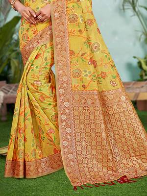 yellow cottan silk blend with meena woven work traditional saree 3