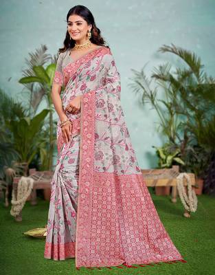 gray cottan silk blend with meena woven work traditional saree 1