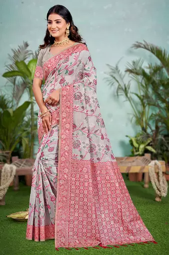 gray cottan silk blend with meena woven work traditional saree