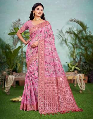 pink cottan silk blend with meena woven work traditional saree 1