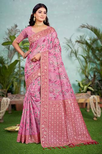 pink cottan silk blend with meena woven work traditional saree