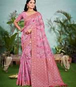 pink cottan silk blend with meena woven work traditional saree