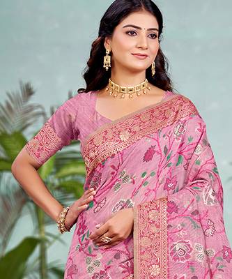 pink cottan silk blend with meena woven work traditional saree 2