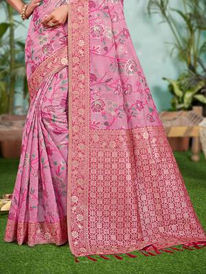 pink cottan silk blend with meena woven work traditional saree 3