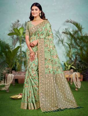 light green cottan silk blend with meena woven work traditional saree 1