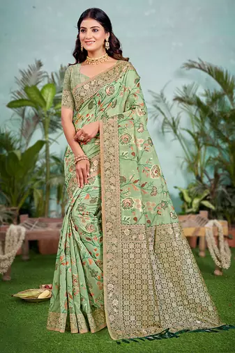 light green cottan silk blend with meena woven work traditional saree