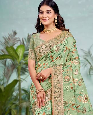 light green cottan silk blend with meena woven work traditional saree 2