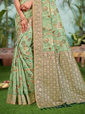 light green cottan silk blend with meena woven work traditional saree 3