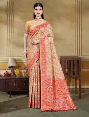 beige cottan silk blend with meena woven work traditional saree 1