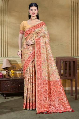 beige cottan silk blend with meena woven work traditional saree
