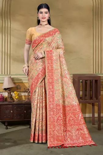 beige cottan silk blend with meena woven work traditional saree
