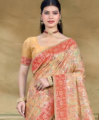 beige cottan silk blend with meena woven work traditional saree 2