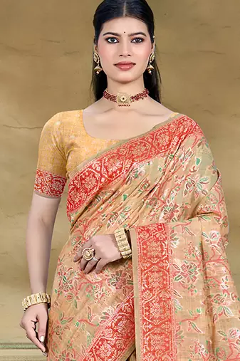 beige cottan silk blend with meena woven work traditional saree