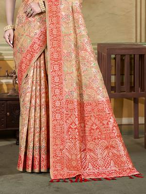 beige cottan silk blend with meena woven work traditional saree 3