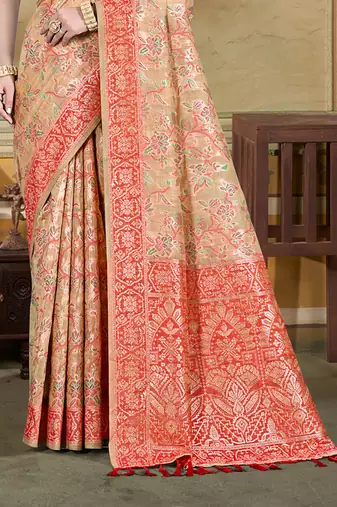 beige cottan silk blend with meena woven work traditional saree
