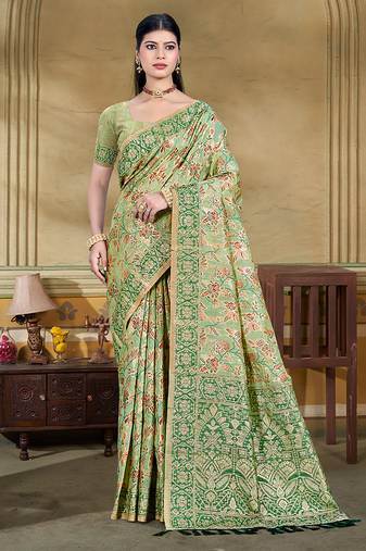 light green   cottan silk blend with meena woven work traditional saree