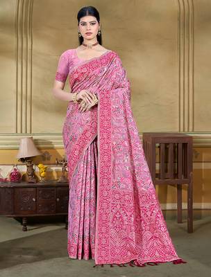 pink cottan silk blend with meena woven work traditional saree 1