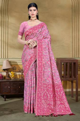 pink cottan silk blend with meena woven work traditional saree